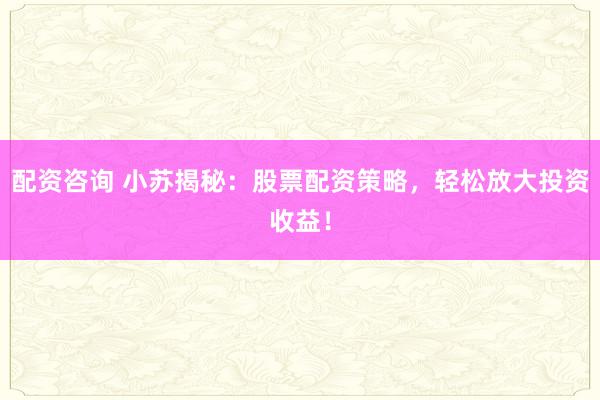 配资咨询 小苏揭秘：股票配资策略，轻松放大投资收益！