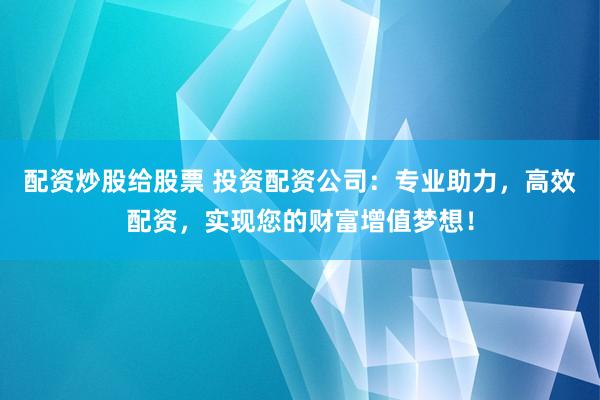 配资炒股给股票 投资配资公司：专业助力，高效配资，实现您的财富增值梦想！